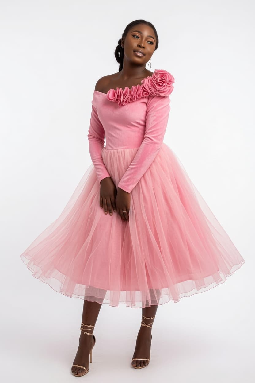 A client in a blush pink off-shoulder gown with a rosette shoulder detail