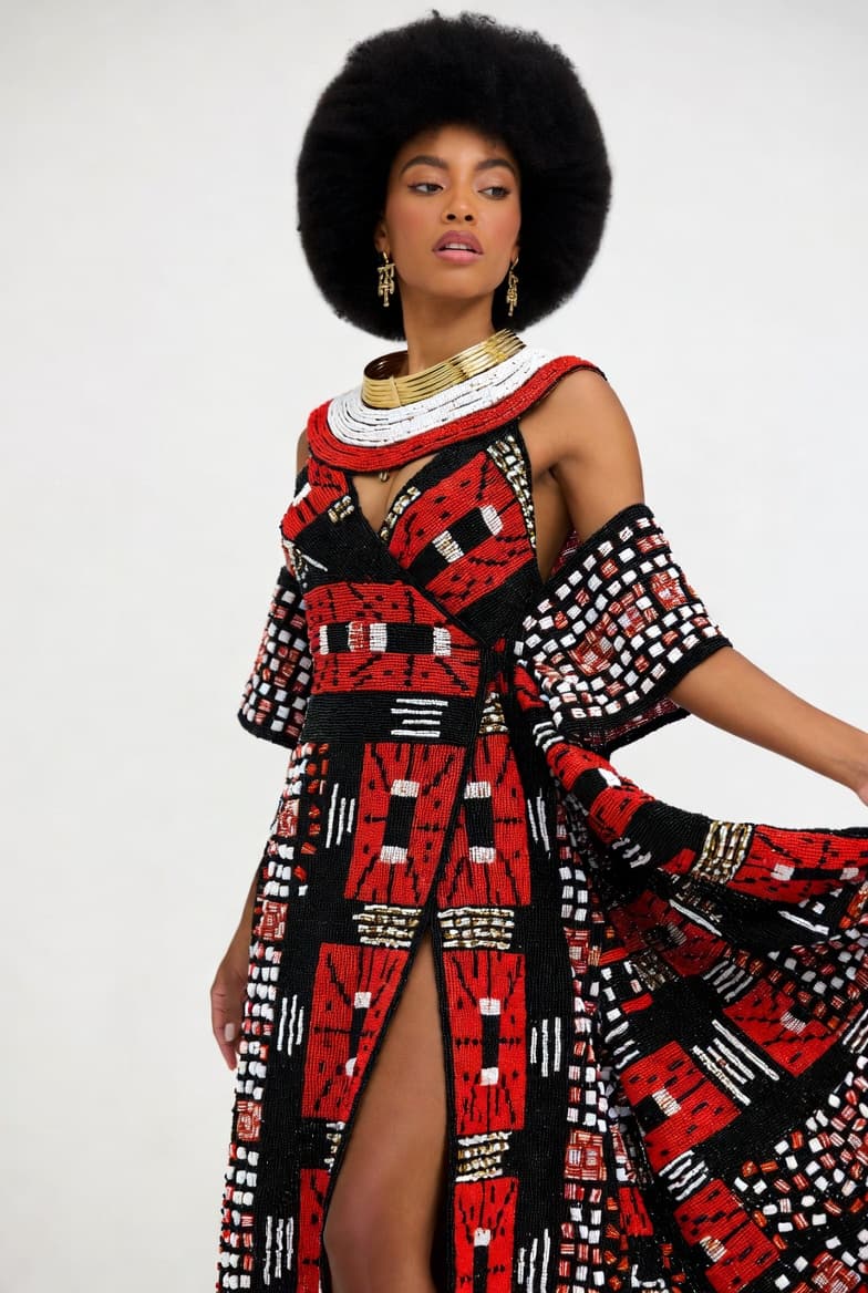 A client in a hand-beaded red, black and gold ceremonial gown